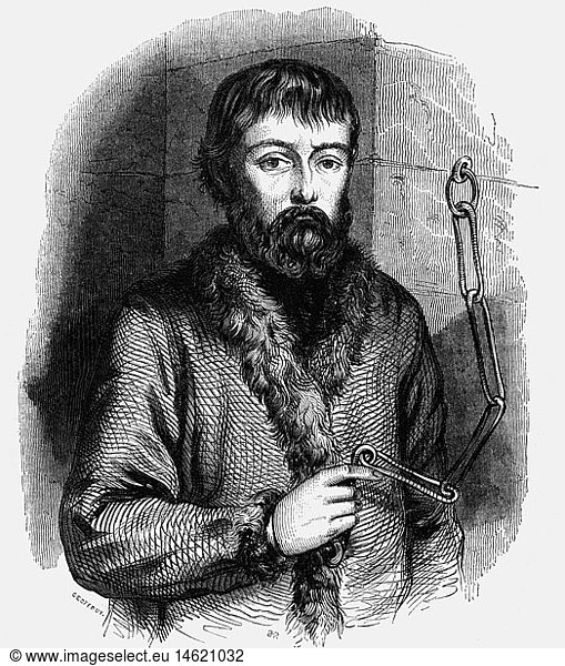 Pugachov  Yemelyan Ivanovich  circa 1742 - 21.1.1775  Cossack leader  imprisoned  wood engraving  1850
