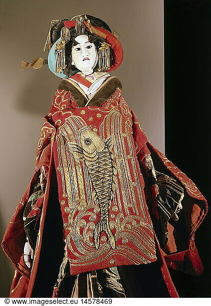 Puppet Theatre  Japan  Asia  theatre / theater  puppet  puppets  Bunraku  lady  cloth  robe  fish  carp  waterfall  19th century  historic  historic  historical  people