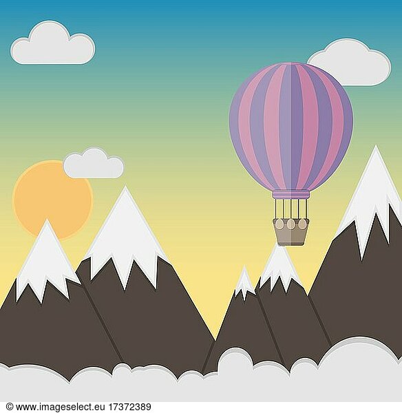 Purple hot air balloon flying over the mountains. Flat design  vector illustration
