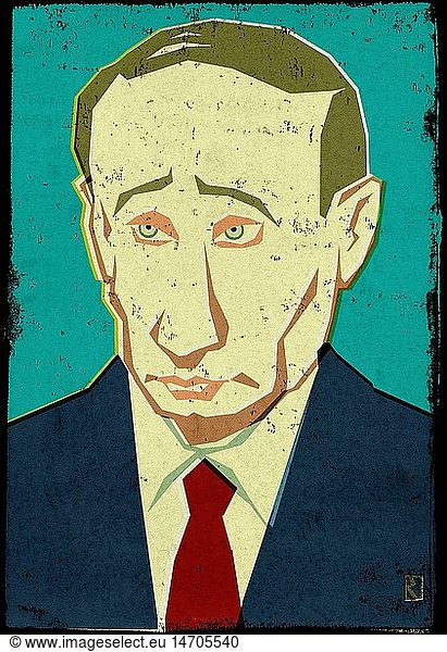 Putin  Wladimir  * 7.10.1952  russ. Politiker  PrÃ¤sident  Portrait  Zeichnung  farbig  Illustration von Jan Rieckhoff  12.09.2011