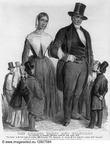 QUAKER GIANTS  1849. The Quaker giant and giantess  exhibited at P.T. Barnum's American Museum in New York City  1849.
