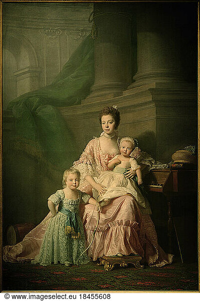 Queen Charlotte (George III.) of Great Britain and Ireland  19 May 1744 - Kew Palace 17 November 1818.'Queen Charlotte with her two eldest sons'.(Standing George  Prince of Wales  later King George IV  1762-1830; on the lap of Queen Friedrich August  Duke of York; 1763-1827).Painted  c.1764/69  by Allan Ramsay (1713-1769).Oil on canvas  247.8 x 165 cm.Inv. no. RCIN 404922 Buckingham Palace  Green Drawing Room HM The Queen London  Royal Collections.