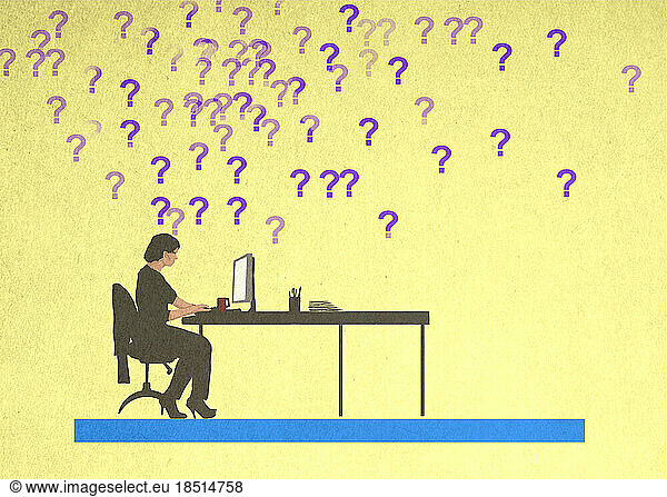 Question marks floating over woman working at desk