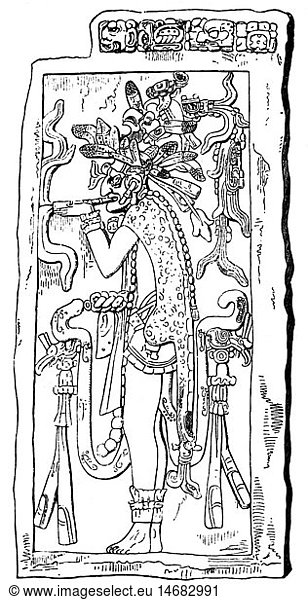 Quetzalcoatl  altmexikanische Gottheit  bei Azteken Gott des Windes  des Himmels und der Erde  bei Tolteken Gott des Morgenstern  nach mex. Relief  Xylografie  19. Jahrhundert