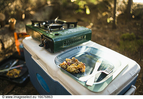 Quinoa salad while campsite cooking at sunset in coastal Maine