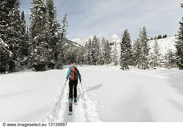 Rückansicht einer Frau mit Himmel  die auf einem schneebedeckten Feld gegen den Himmel im Wald läuft