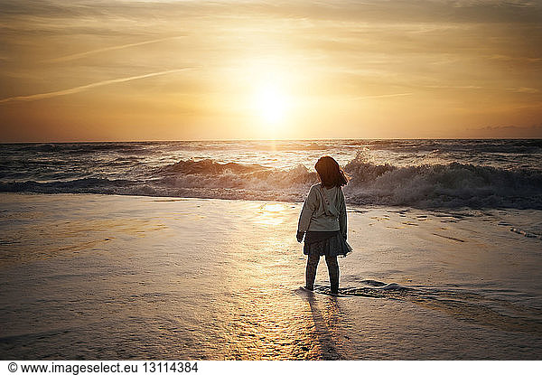 Rückansicht eines am Strand am Strand stehenden Mädchens gegen den Himmel bei Sonnenuntergang