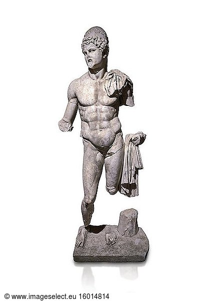 Römische Statue der Dioskuren. Marmor. Perge. 2. Jahrhundert nach Christus. Inv. Nr. 2014/175. Archäologisches Museum Antalya  Türkei. Vor weißem Hintergrund.
