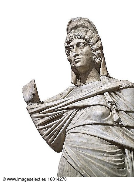 Römische Statue der Julia Domina. Marmor. Perge. 2. Jahrhundert nach Christus. Inv. Nr. 3268. Archäologisches Museum Antalya  Türkei. Vor weißem Hintergrund.