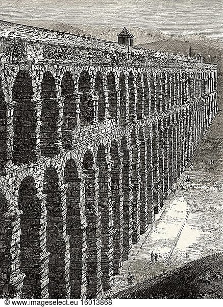 Römisches Aquädukt in Merida  Kastilien-La Mancha  Spanien. Europa. Alte gestochene Illustration aus dem 19. Jahrhundert  El Mundo Ilustrado 1880.