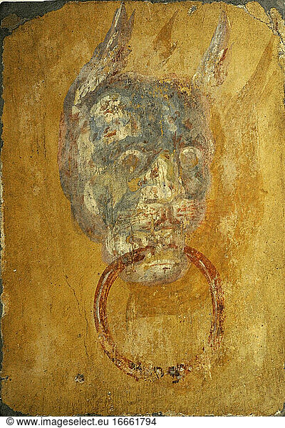 Römisches Fresko  das einen Türrahmen mit einem monströsen Kopf darstellt. Villa der Papyri. Herkulaneum. Archäologisches Nationalmuseum. Neapel. Italien.