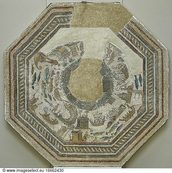 Römisches Mosaik. Hafen-Szenen. 3.-4. Jahrhundert. Aus Vega Baja de Toledo. Museum des Hospital de la Santa Cruz. Toledo. Spanien.