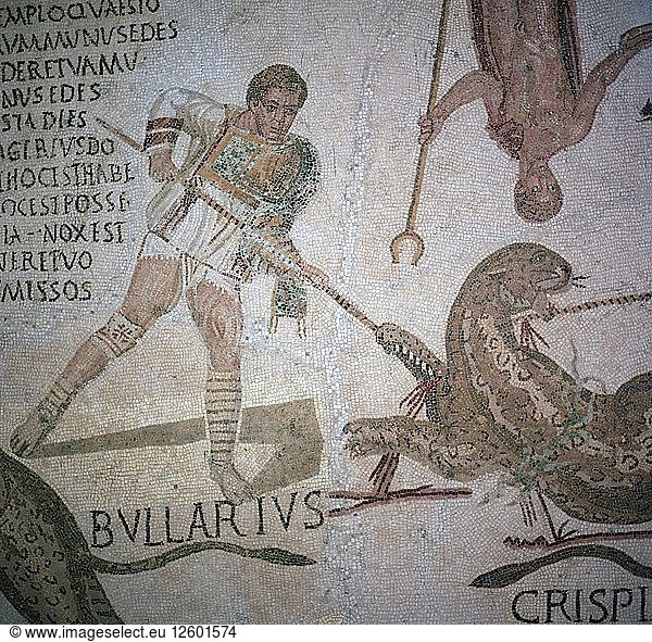 Römisches Mosaik mit Darstellern  die bei einem Spektakel einen Leoparden töten  3. Jahrhundert. Künstler: Unbekannt