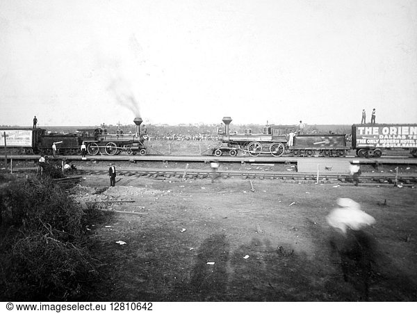 RAILROAD EXHIBITION. A railroad collision staged as an exhibition in Texas  early 20th century.