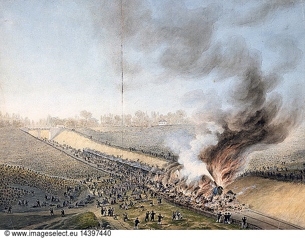 Railway catastrophe Bellevue   8 May 1842. Packed train travelling from Versailles to Paris  pulled by 2 locomotives. Axle on first failed. 3 carriages  doors locked  piled up and burst into flames. 55 killed  many injured. Watercolour and gouache.