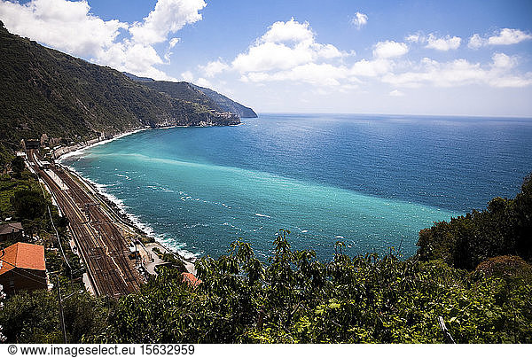 Railway line at the Mediterranean Sea  Liguria  Cinque Terre  Italy