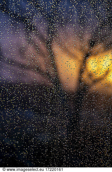 Rain drops on window pane at sunset