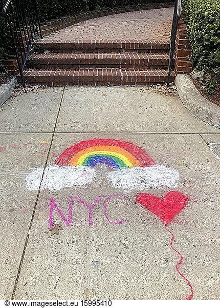 Rainbow Campaign chalk drawing on sidewalk  Forest Hills  Queens  NY.
