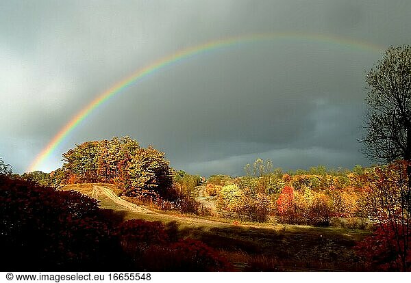 Rainbow during fall colors Michigan.
