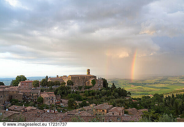 Rainbow over the hilltop town of Montalcino  Tuscany