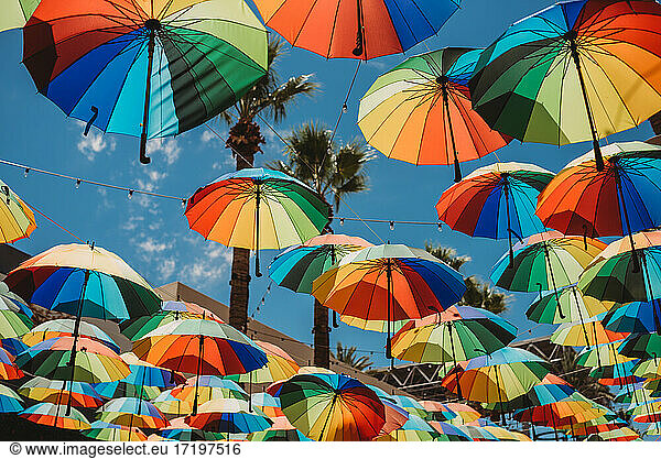 rainbow umbrellas hanging from string