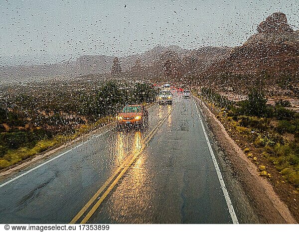 Raindrops on a car window  driving in the rain  Arches Scenic Drive  Arches National Park  Utah  USA  North America