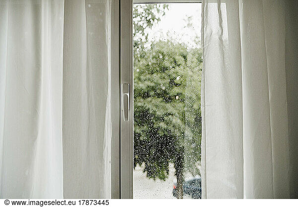 Raindrops on window seen through glass