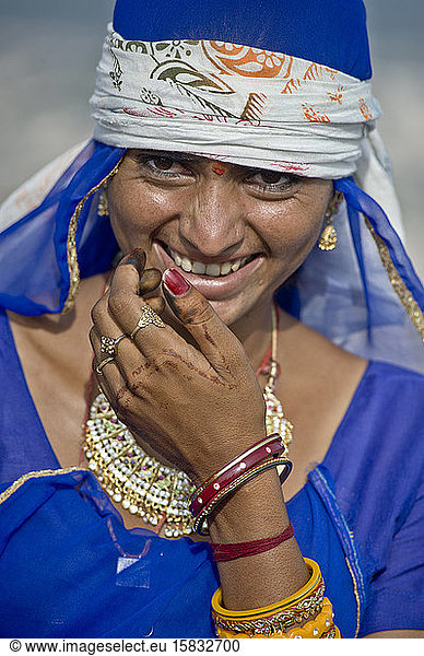 Rajasthan`s woman with traditional clothes  jewelry and adornments