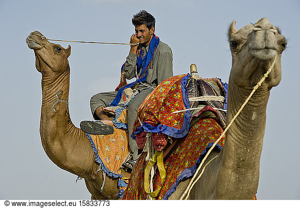 Rajasthani auf einem Kamel sitzend in der Wüste Thar