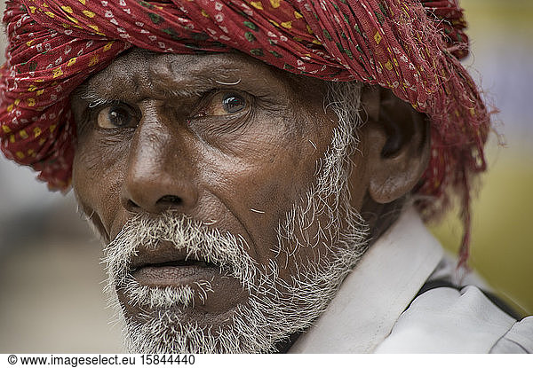 Rajasthani man looking away wearing a red turban