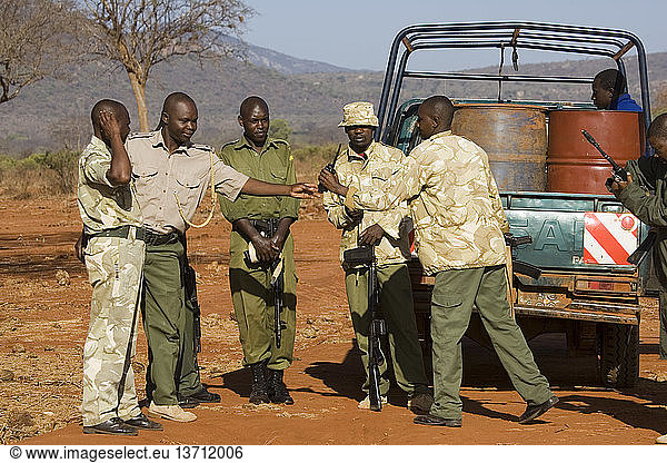 Rangers in the Ngulia Black Rhino Sanctuary in Kenya's Tsavo West National Park. This is a protected stronghold for the highly endangered Black or Hook-lipped rhinoceros  which is now a CITES Appendix 1 listed species. From the original three rhinos captured from the Tsavo West area  a further three  then 15 more  were introduced from the Nairobi National Park population. Now covering an area of 67 kms protected by a solar-powered electric fence  numbers have increased to over 70 individuals (March 2006). Around five new calves are born every year. Unfortunately  numbers of elephant and buffalo are also increasing in the sanctuary and are beginning to threaten the availability of water  as well as damaging the vegetation.