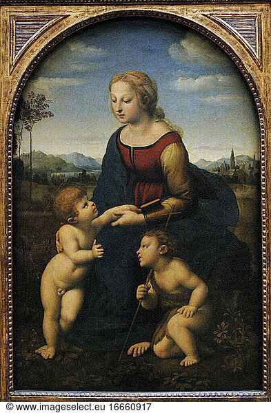 Raphael (1483-1520). Italian painter. High Renaissance. La belle jardiniere or Madonna and Child with Saint John the Baptist. Oil on panel. 1507. Louvre. Paris. France.
