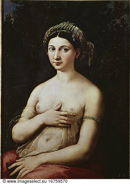 Raphael  orig. Raffaello Sanzio. 1483–1519. “La Fornarina   c. 1518/19. (Margherita Luti  called Fornarina  the bakeress; Raphael’s mistress).
Oil on canvas  87 × 63 cm.
Inv. 2333
Rome  Barberini National Gallery.