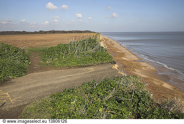 Rasche Erosion der ostanglischen Nordseeküste bei Eastern Bavents und Covehithe  Suffolk  England Durch Erosion zerstörte Straße