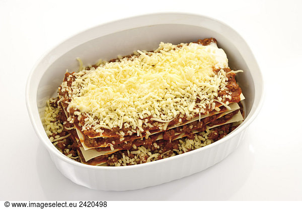 Raw Lasagna with minced beef and cheese  elevated view