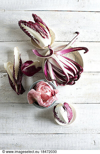 Raw radicchio lying on white wooden surface