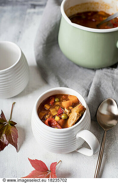 Ready to eat Mexican style chicken soup with vegetables