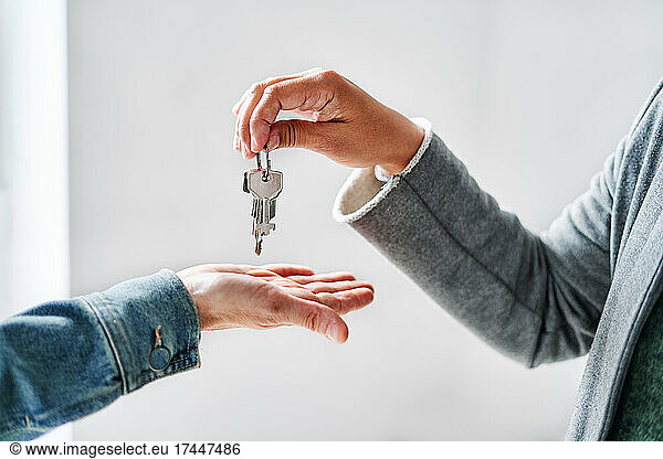 Real Estate Agent handing over the keys to the apartment to the client