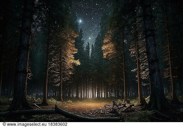 Realistic forest at night with a milky way arch. Ai generated art