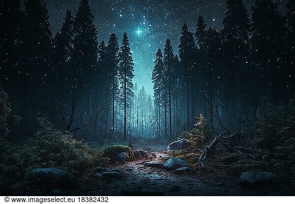 Realistic forest at night with a milky way arch  Studio lighting. Ai generated art