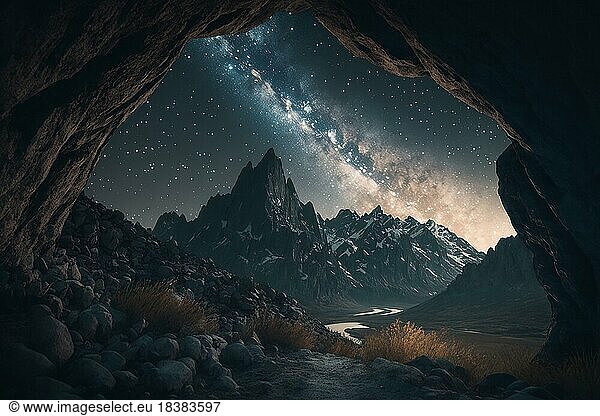 Realistic mountains at night with a milky way arch. Ai generated art