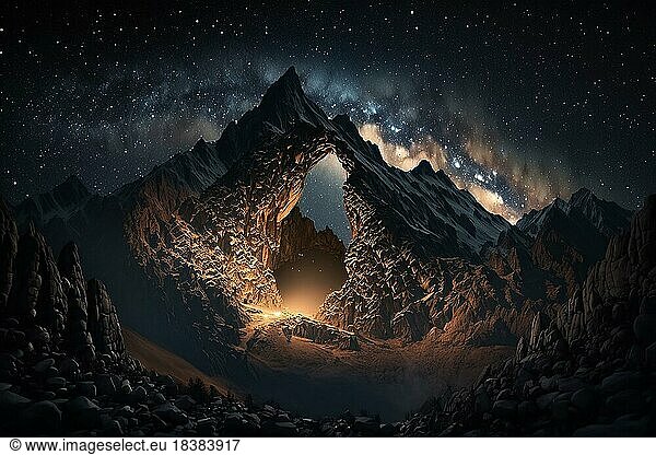 Realistic mountains at night with a milky way arch. Ai generated art