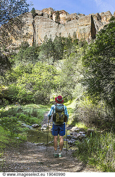 Rear view of a female hiker on the Old Pinnacles Trail.