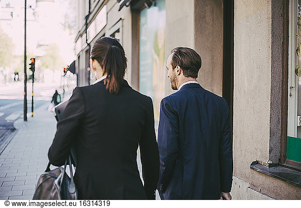 Rear view of business coworkers walking in city
