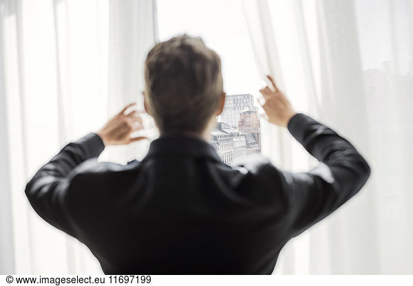 Rear view of businessman looking through hotel window