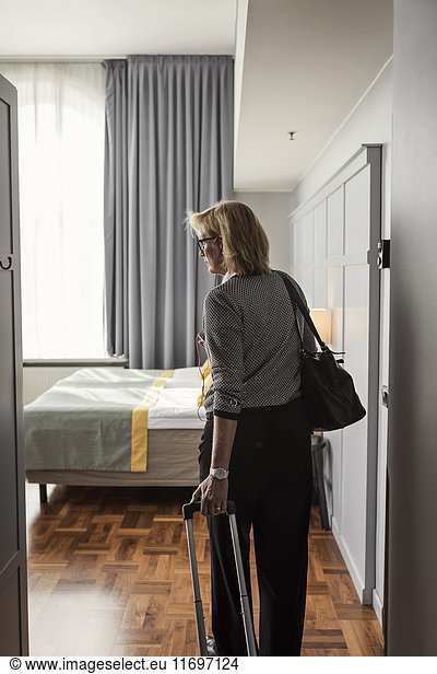 Rear view of businesswoman with luggage standing in hotel room