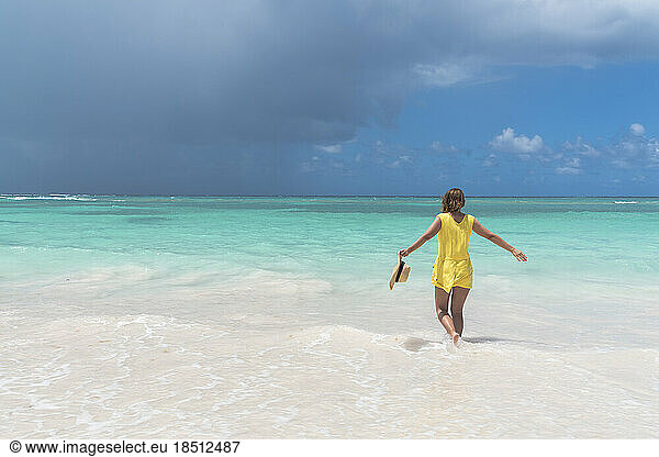 Rear view of cheerful woman in the crystal Caribbean Sea