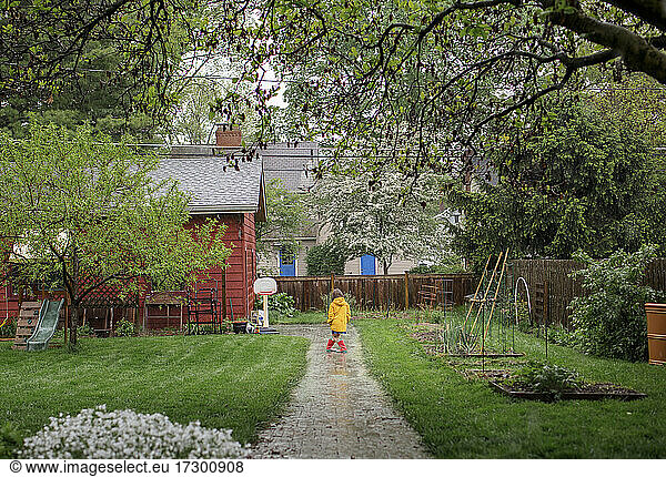 Rear-view of child standing in rain on path through backyard garden