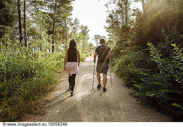 Rear view of couple hiking in the woods