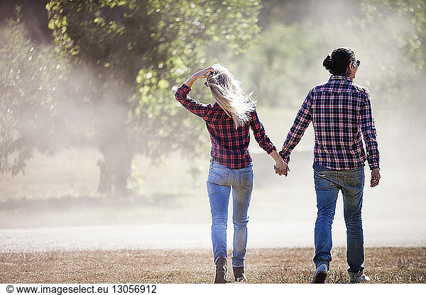 Rear view of couple holding hands while walking in forest